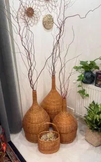 سه عدد گلدان حصیری چوبی دکوری