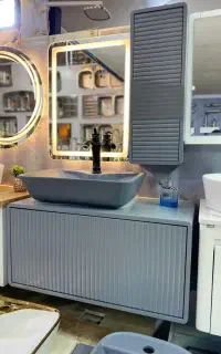 روشویی کابینتی مدل gsf درب بامبو مشکی طوسی سفید