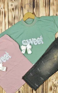 ست تیشرت و شلوار بگ نگیندار دخترانه