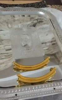 دو عدد سینی مجلسی استیل دسته طلایی