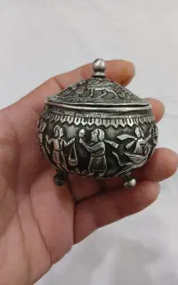 کاسە نقرە عیار بالا قلم قاجار ، دکوری ،