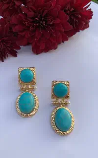 گوشواره با سنگ فیروزه و مروارید پرورشی