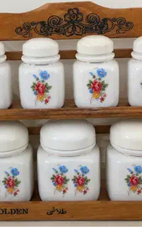 ست بانکه سرامیکی ۷ تکه با پایه چوبی کاملاً نو