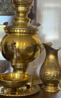 سرویس سماور مسی ذغالی قدیمی + پارچ و کاسه و سین