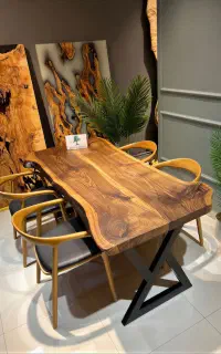 میز نهار خوری ۴ ۶ ۸ نفره چوبی اسلب چوب گردو روستیک