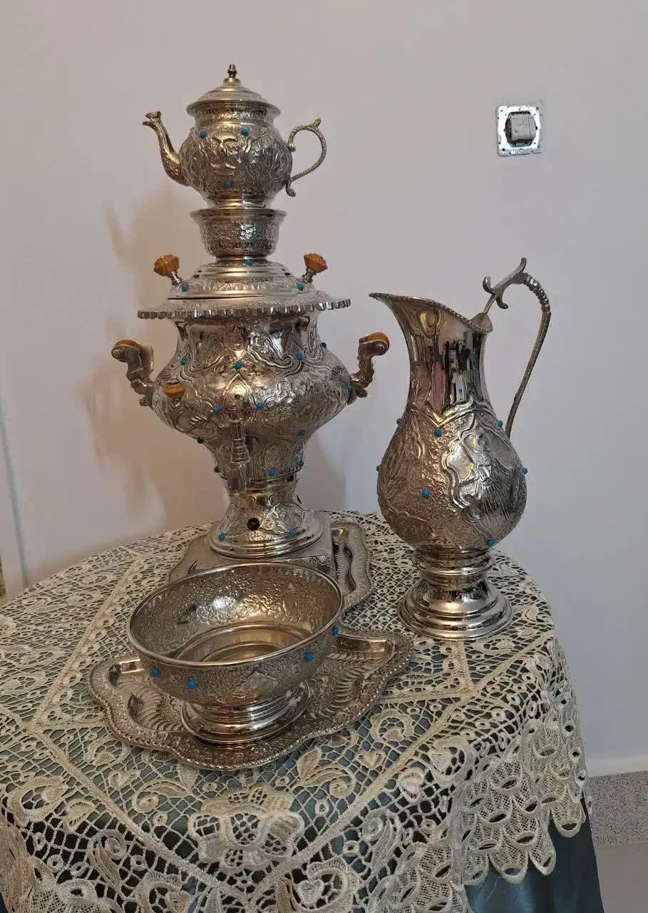 ست سماور برنجی آبکاری نقره|کلکسیون اشیاء عتیقه|مشهد, شهرک بهارستان|دیوار