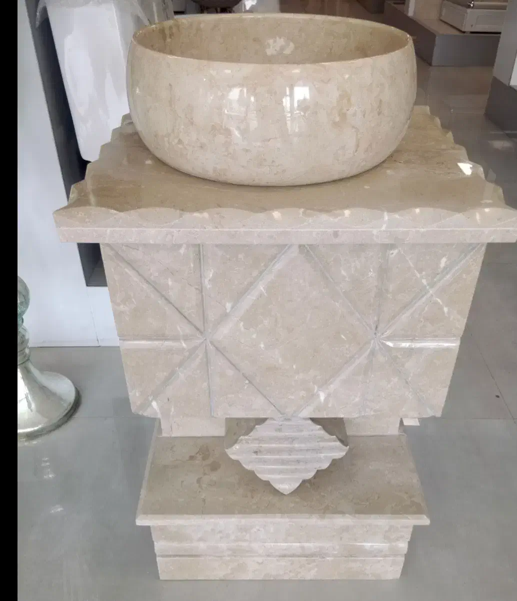 روشویی سنگ تک پایه سیمکان رنگ کرم همراه قاب آینه|لوازم سرویس بهداشتی|الوند, |دیوار