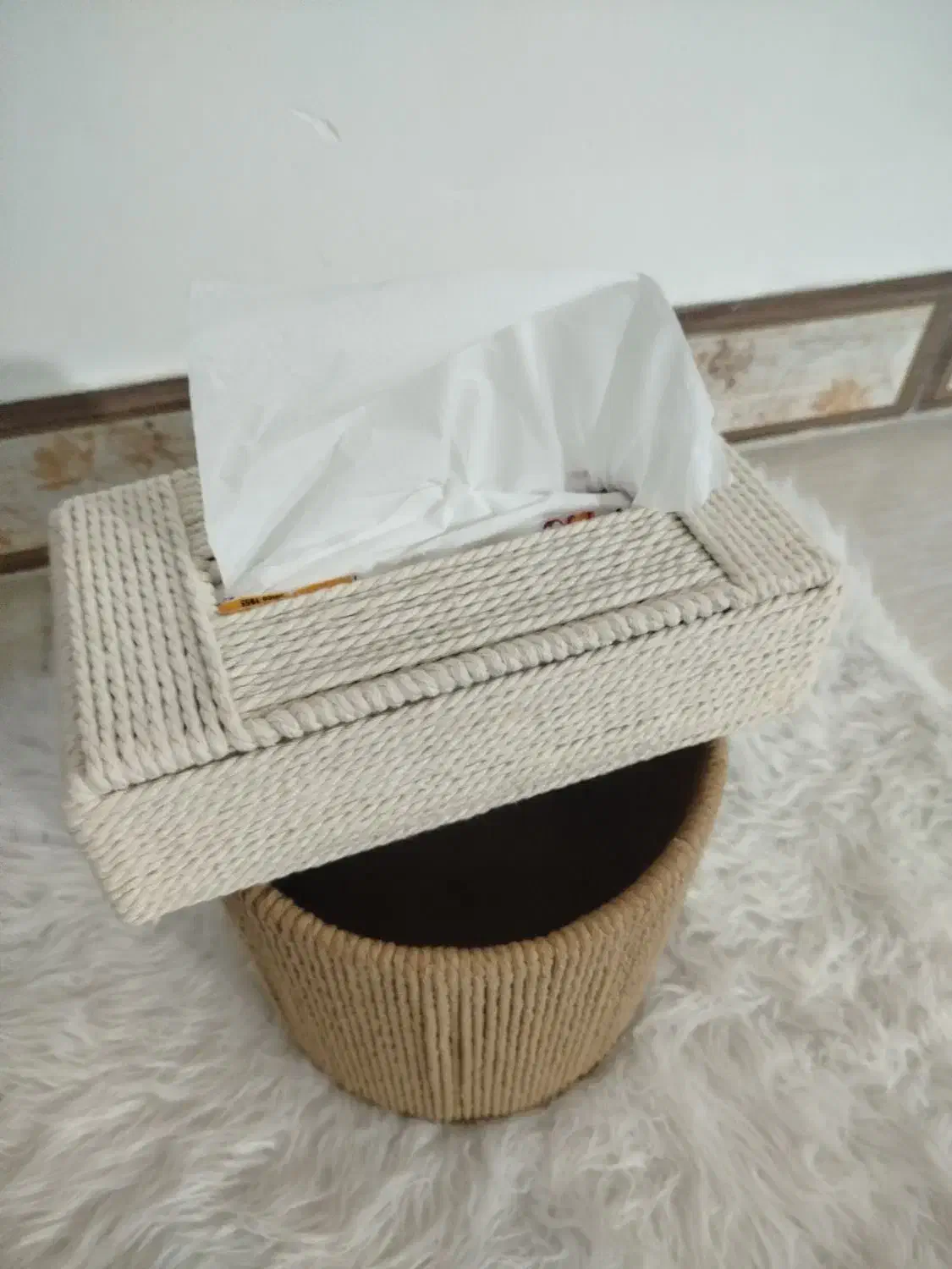 سطل و جا دستمالی و دیوار کوب مکرومه|صنایع دستی و سایر لوازم تزئینی|فردیس, قریشی|دیوار