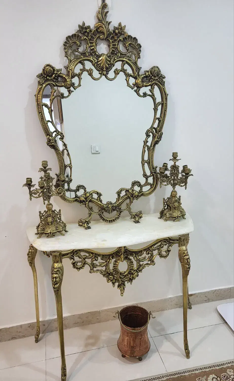 آینه و کنسل برنز با سنگ مرمر طبیعی و دو شمعدان|آینه|اندیشه, شهرک صدف|دیوار