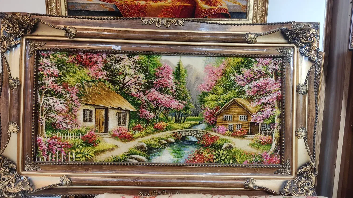 تابلو فرش دستبافت منظره کلبه دار گل ابریشم|تابلو فرش|تهران, پونک|دیوار