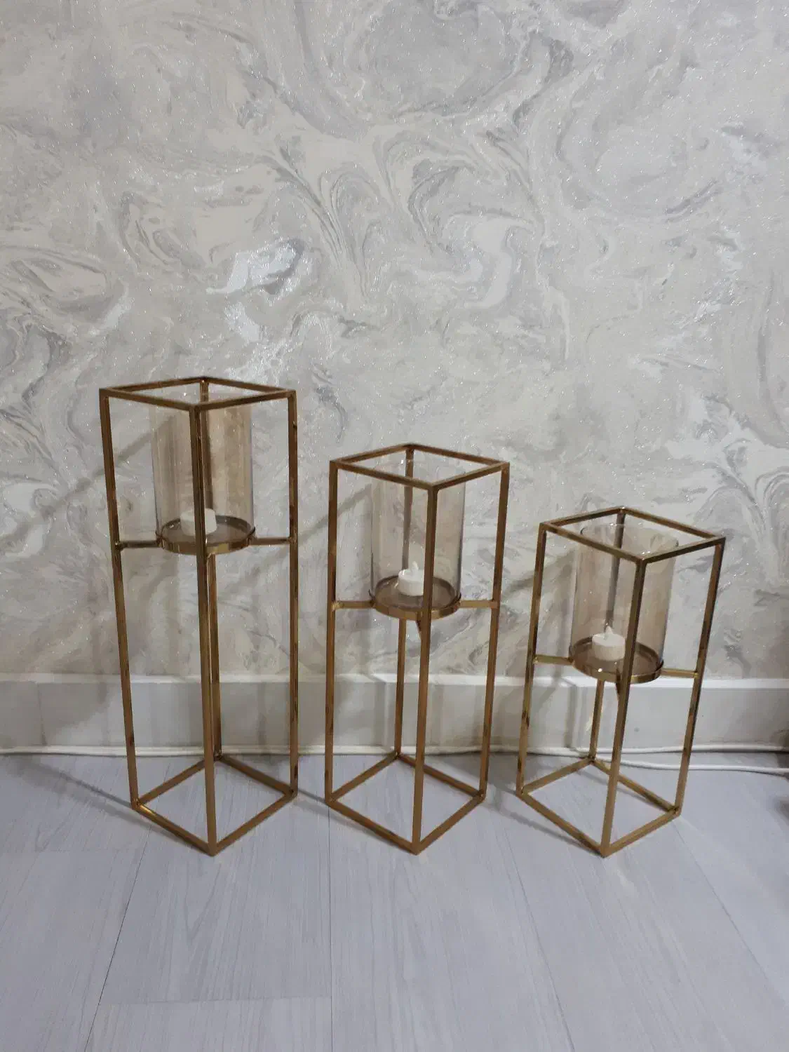 شمعدون سه سایزیی کنار سالنی استیل طلایی|صنایع دستی و سایر لوازم تزئینی|خمام, |دیوار