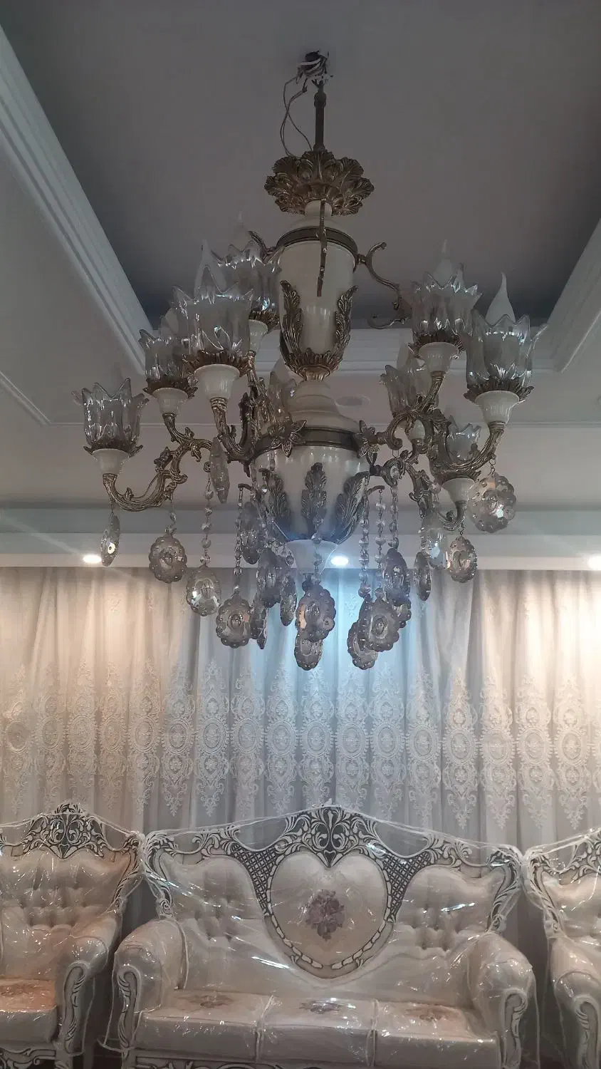 لوستر پنج شاخه برنجی|لوستر و چراغ آویز|ری, شهادت|دیوار