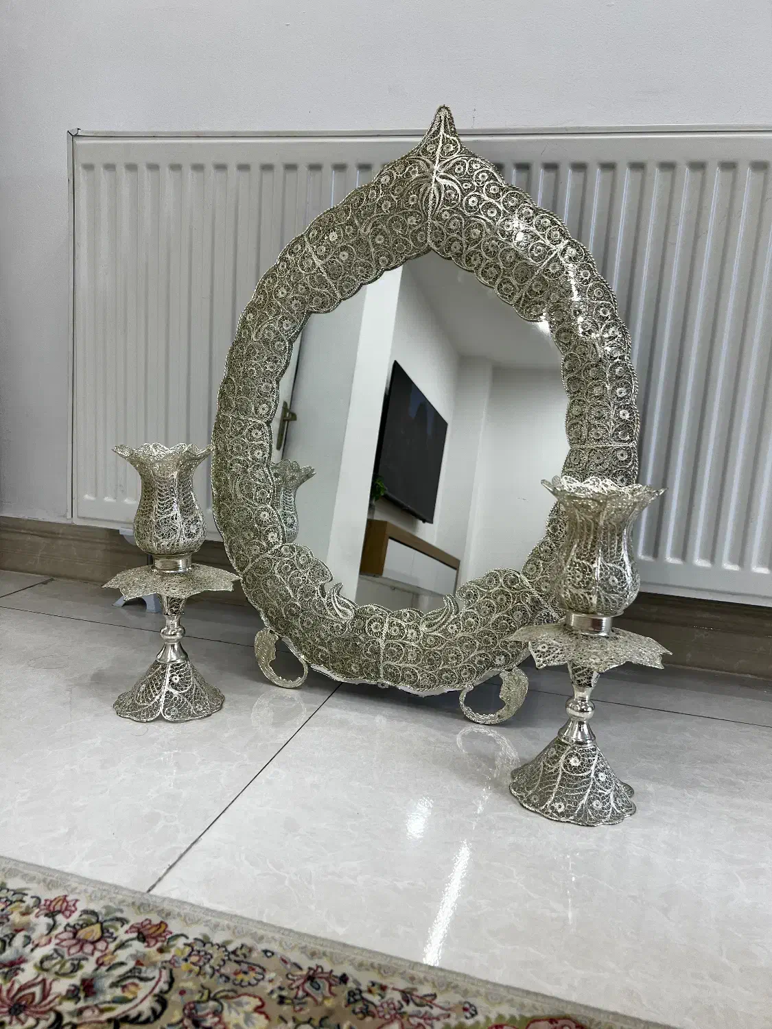 آینه شمعدان ملیله کاری اصفهان|صنایع دستی و سایر لوازم تزئینی|رشت, دیانتی|دیوار