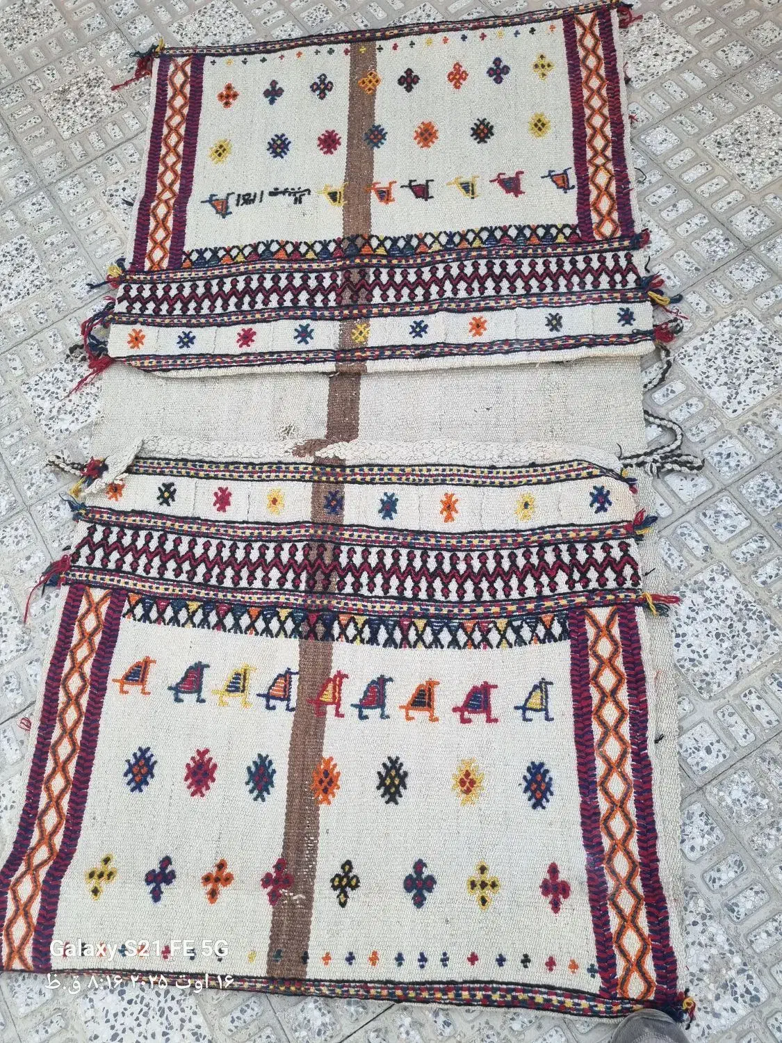 خورجین دست بافت قدیمی بافت باپشم گوسفند نو|گلیم، جاجیم، گبه|لنجان, |دیوار