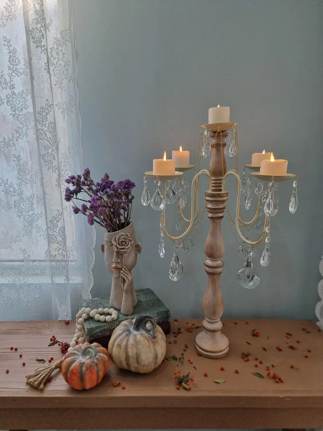 شمعدان چوبی پنج شعله|چراغ خواب و آباژور|هشتگرد, شهرک بعثت|دیوار