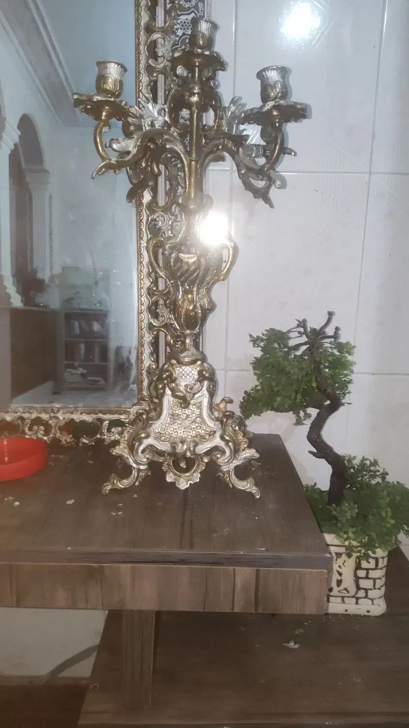 آینه شمعدان برنز روکش نقرع|صنایع دستی و سایر لوازم تزئینی|کرمانشاه, |دیوار