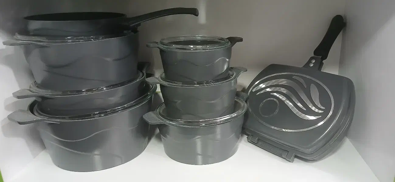 سرویش قابلمه ۱۵ پارچه دالغا با تابه رژیمی رنگ طوسی|ظروف پخت‌وپز|اردبیل, |دیوار