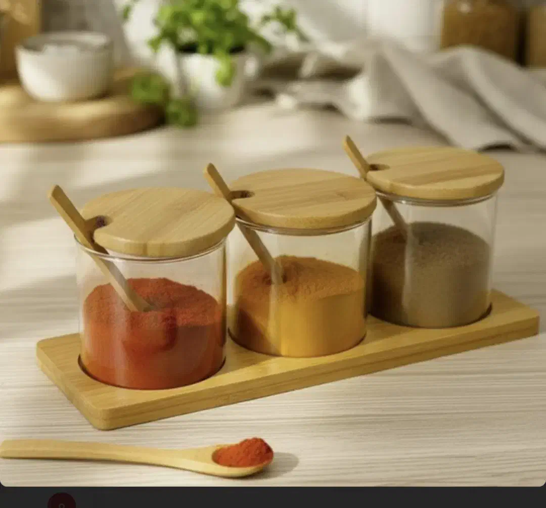 جا ادویه ای ۳ تایی بامبو با قاشق|ظروف نگهدارنده، پلاستیکی، یکبارمصرف|ماکو, |دیوار