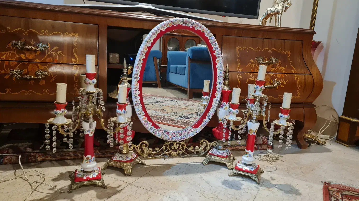 آینه و جفت شمعدان آنتیک ایتالیایی|کلکسیون اشیاء عتیقه|تهران, مرزداران|دیوار