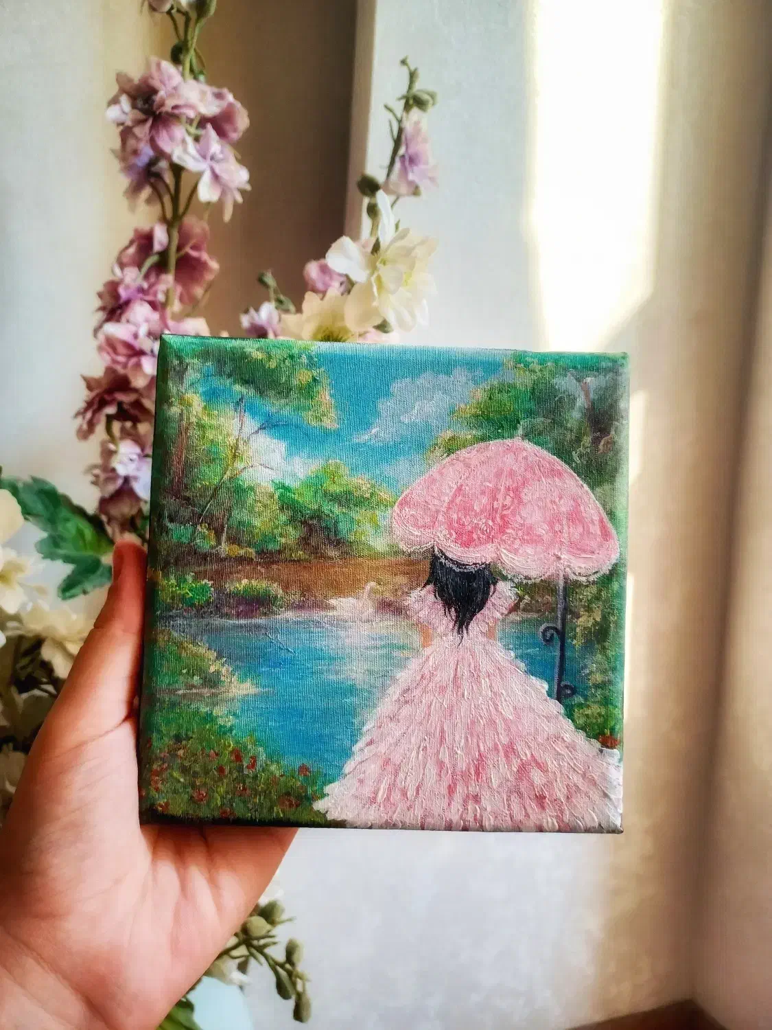 تابلوی رنگ آکریلیک با طرح اورجینال قو و دختر صورتی|تابلو، نقاشی، عکس|رشت, بازار|دیوار