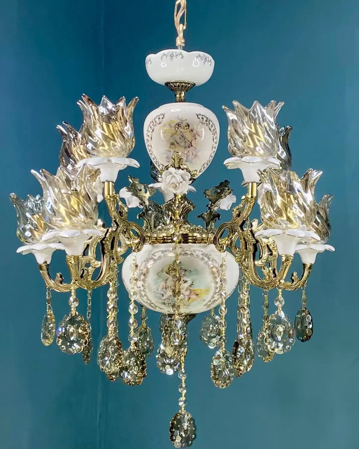 لوستر سرامیکی ده شعله گل رز طرح جدید به شرط برنج|لوستر و چراغ آویز|تهران, نعمتآباد|دیوار