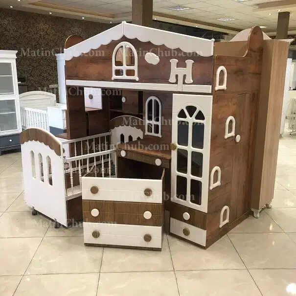 تخت کودک دو طبقه طرح کلبه|تخت و سرویس خواب|ساری, |دیوار