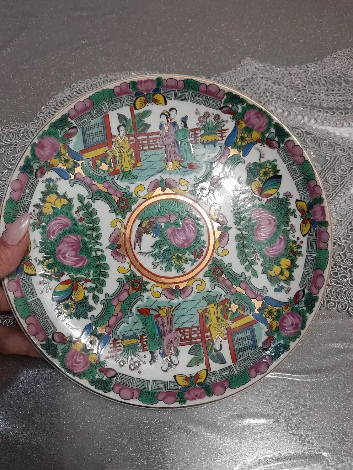 دوعدد بشقاب دیوارکوب گل مرغی قدیمی دورطلاکوب|کلکسیون اشیاء عتیقه|رشت, حمیدیان|دیوار