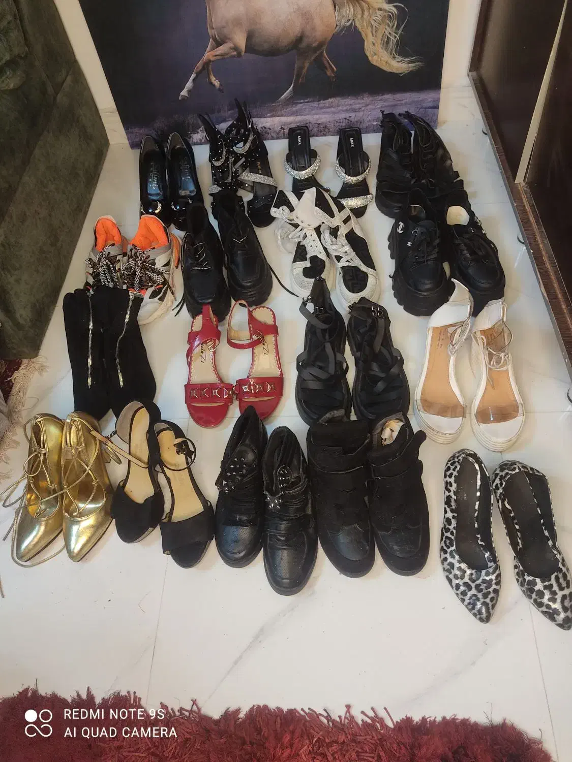 تعداد زیاد کفش کتونی .با.صندل.کیف بزرگ کیف کوچیک|کیف، کفش، کمربند|رشت, استقامت ۱|دیوار