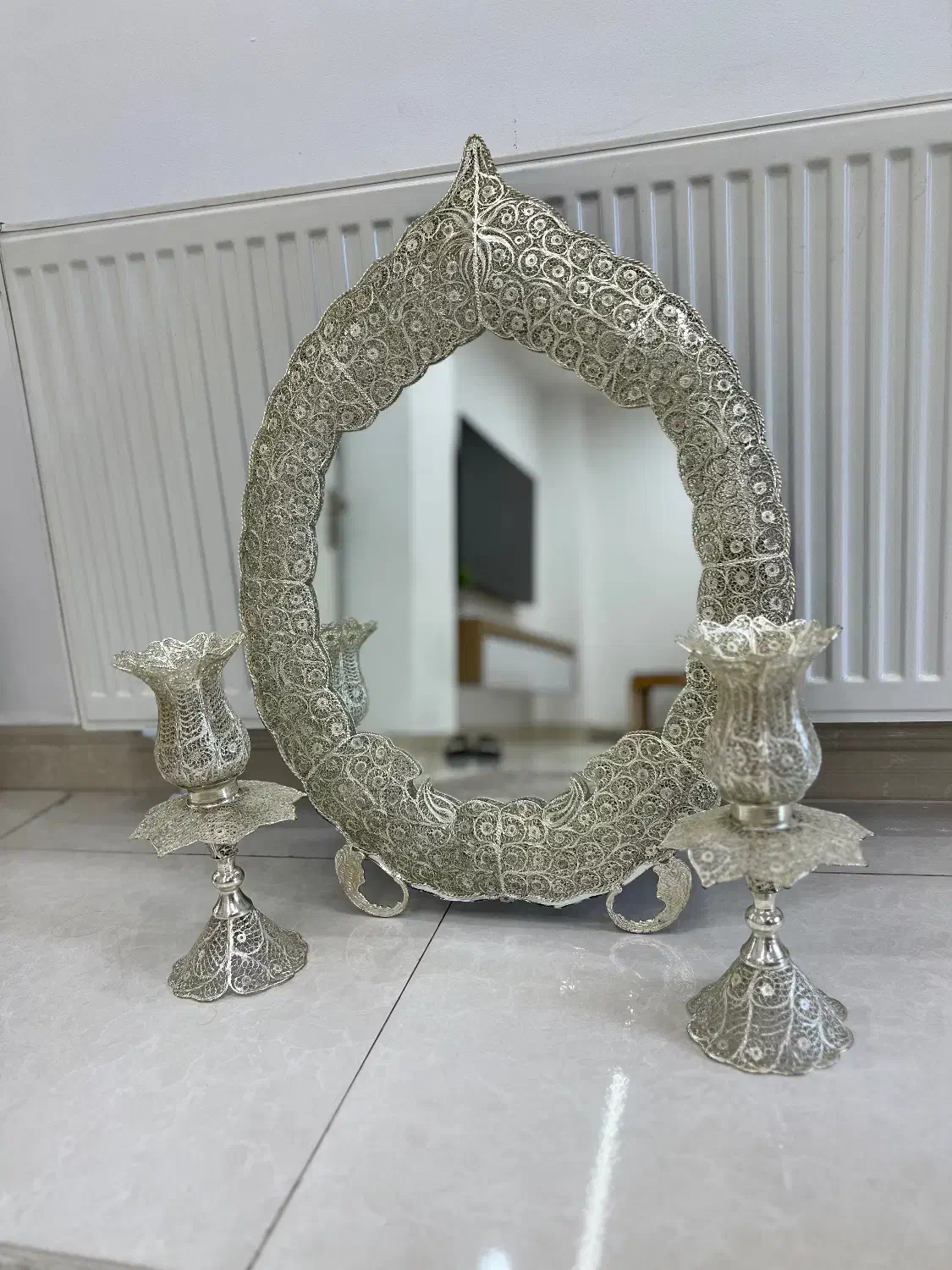 آینه شمعدان ملیله کاری اصفهان|صنایع دستی و سایر لوازم تزئینی|رشت, دیانتی|دیوار