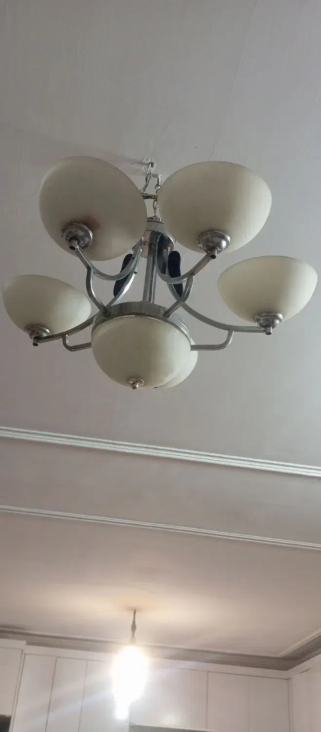 لوستر ۶ شعله استیل و چوب سالم|لوستر و چراغ آویز|زاهدان, |دیوار