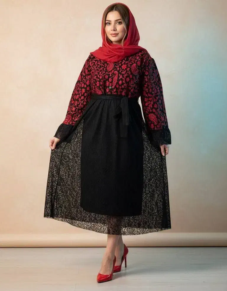 مانتو مخمل مجلسی قرمز و مشکی موجود|لباس|آستارا, |دیوار