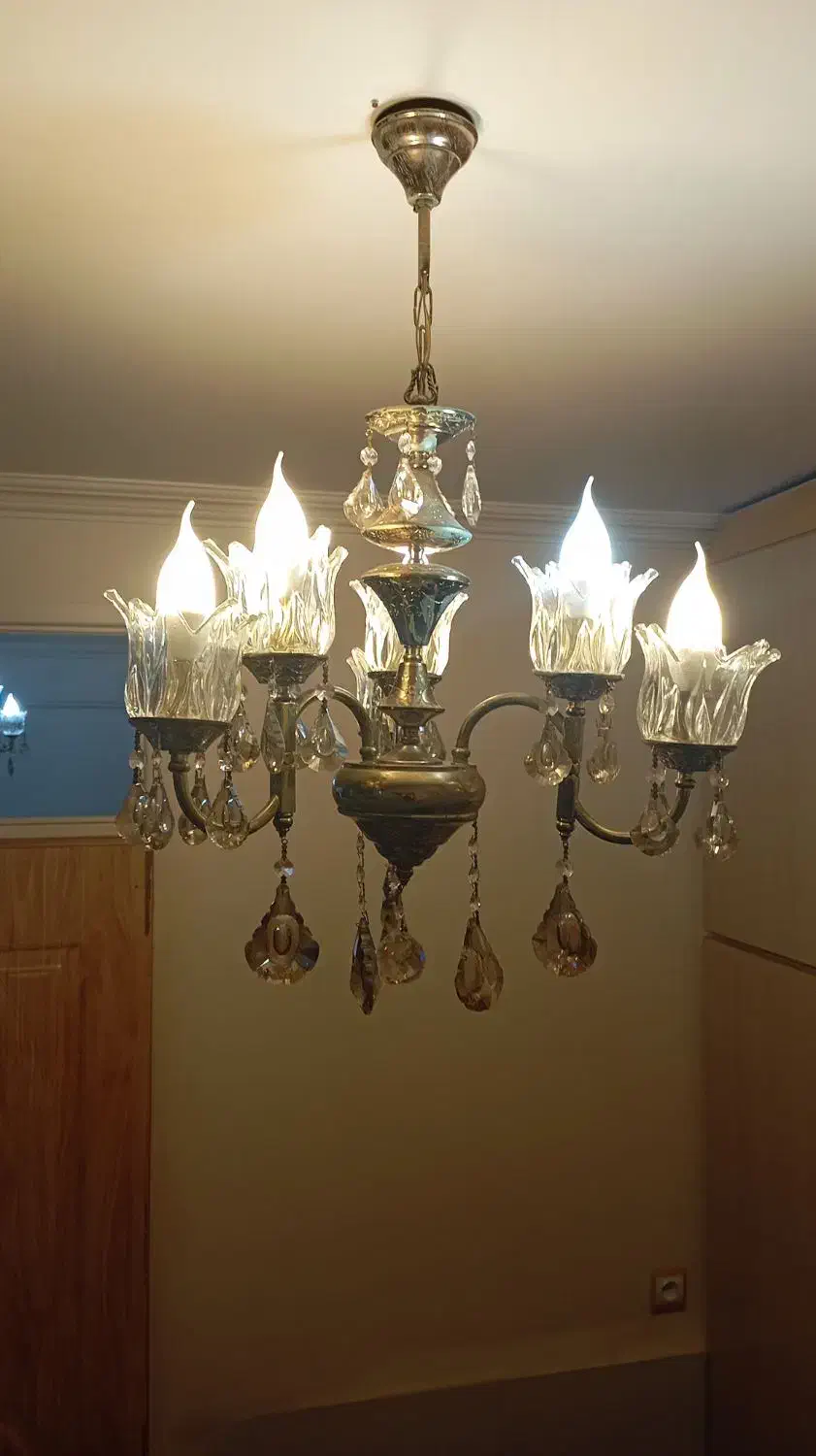 لوستر سه شاخه یک جفت ،شش شعله،برنز،برنج|لوستر و چراغ آویز|تبریز, |دیوار