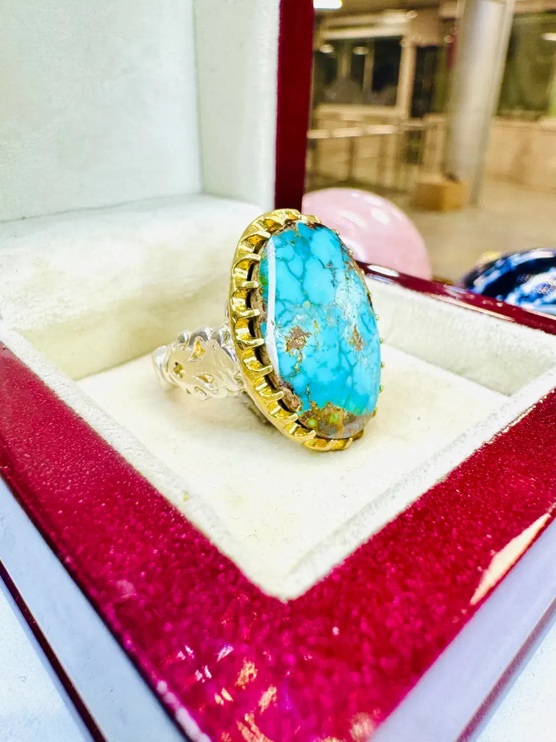 انگشتر فوق لوکس سنگ فیروزه آبی درباری رگه طلایی|بدلیجات|تبریز, |دیوار