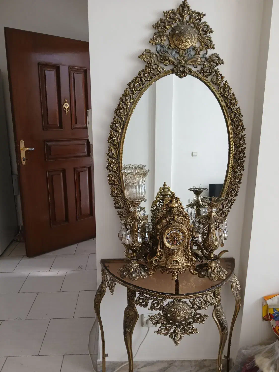 کنسول آینه شمعدان جنس آلیاژ آلومینیوم رنگ برنج|بوفه، ویترین، کنسول|ری, شهادت|دیوار