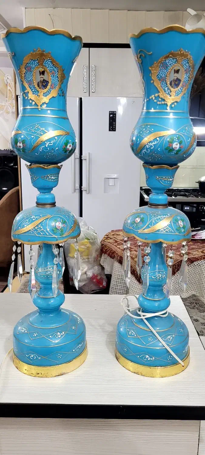 یک جفت شمعدانی فیروزه ایی|لوستر و چراغ آویز|اهواز, کوی مهدیس|دیوار