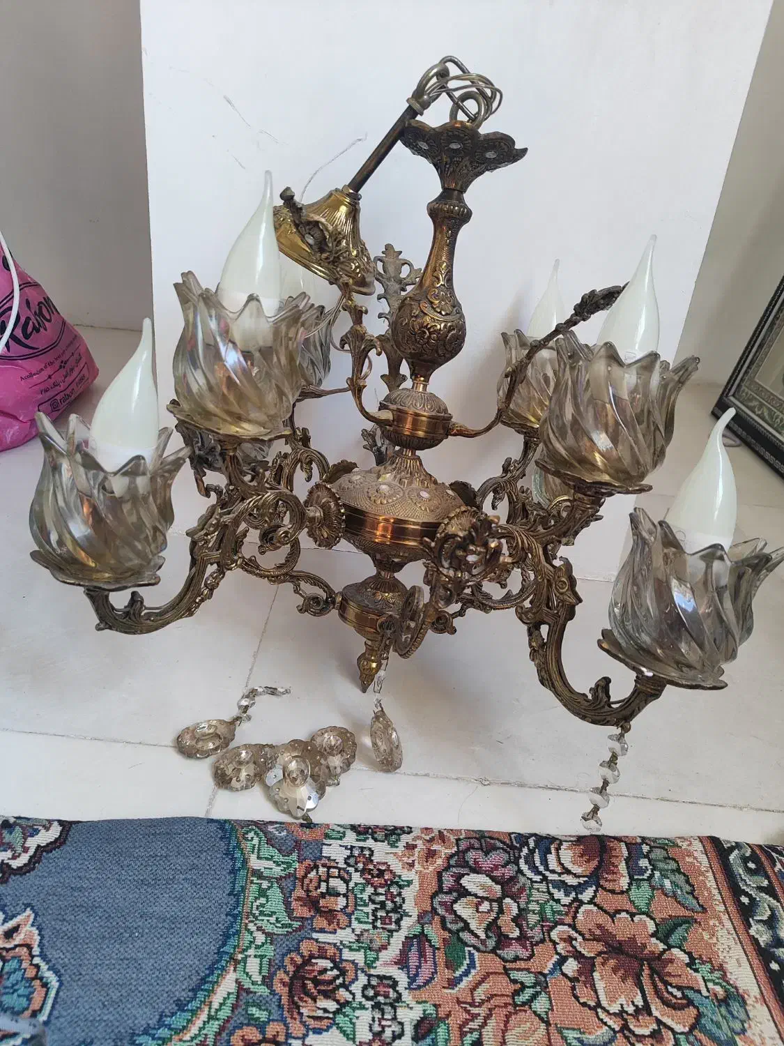 لوستر برنجی ۴شاخه|لوستر و چراغ آویز|بهارستان, |دیوار