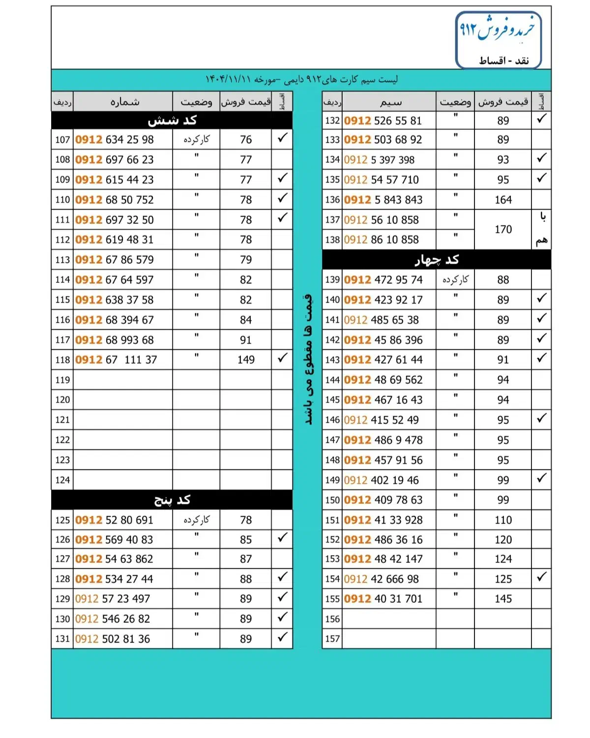 لیست ۰۹۱۲ نقد و اقساط (آپدیت 11 بهمن)|سیم‌کارت|شهریار, شهریار|دیوار