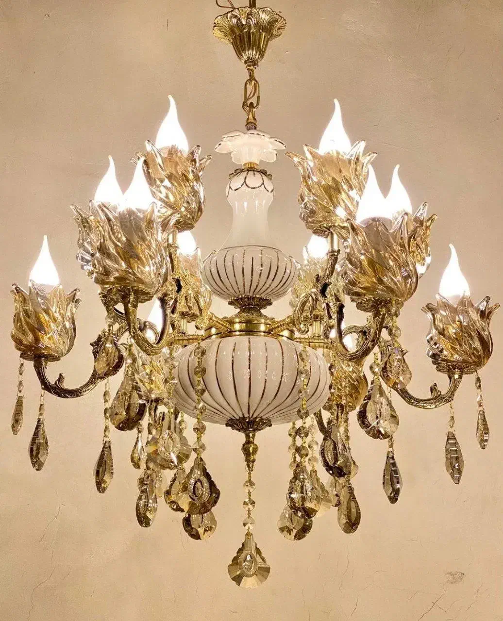 لوستر برنزی ۱۲ شعله ۶ شاخه سنتی و کلاسیک|لوستر و چراغ آویز|اهر, |دیوار