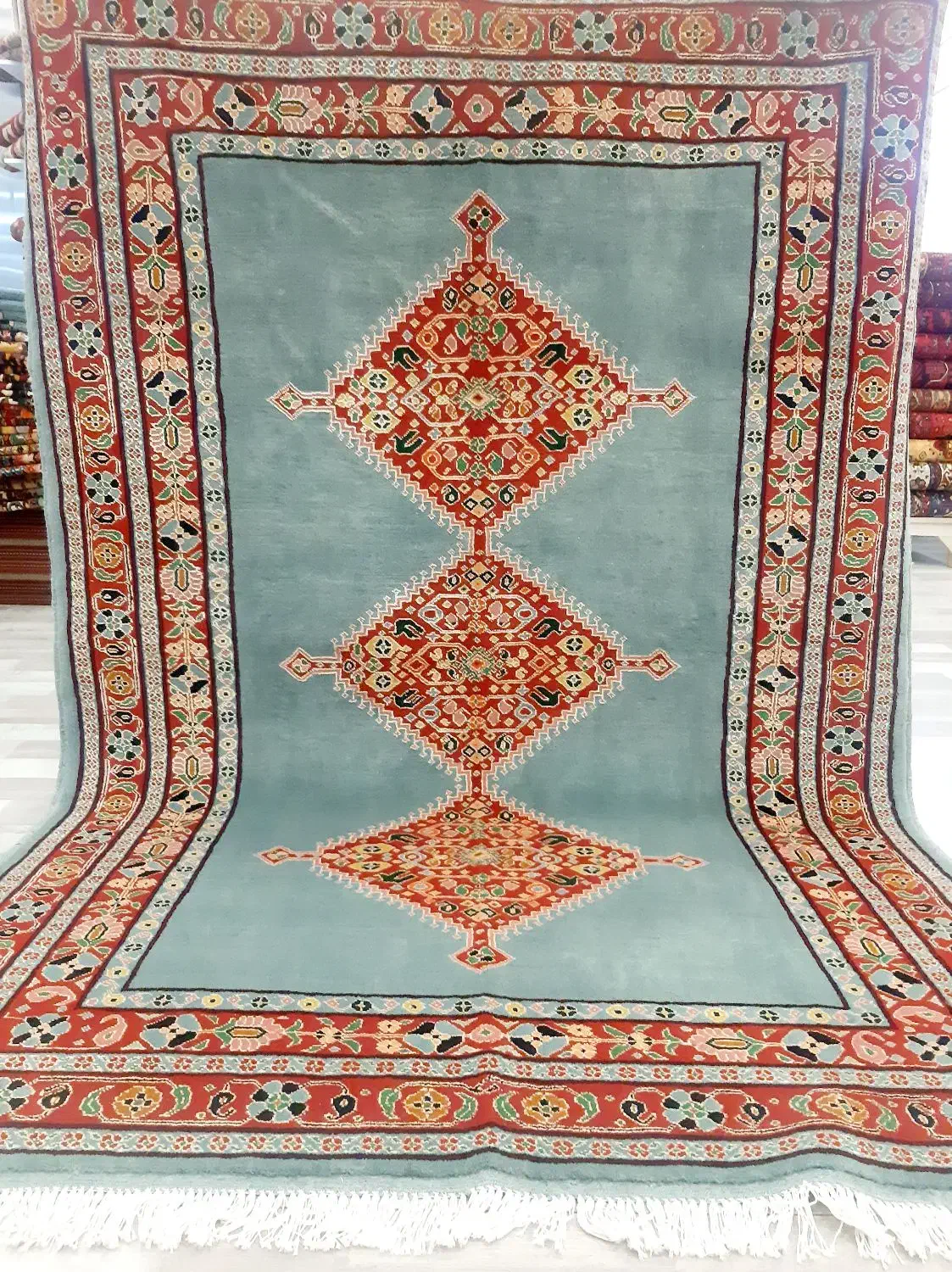 سه متری سه ترنج آبی قشقایی گل ابریشم رنگ طبیعی|فرش|تهران, حر|دیوار