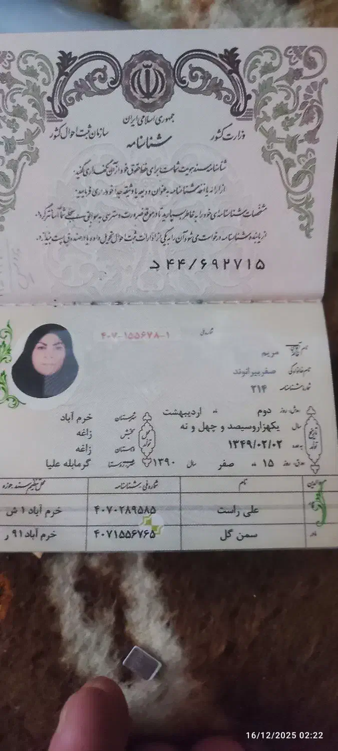 یک عددشناسنامه بنام مریم صفربیرانوندپیداشد|اشیا|بومهن, |دیوار