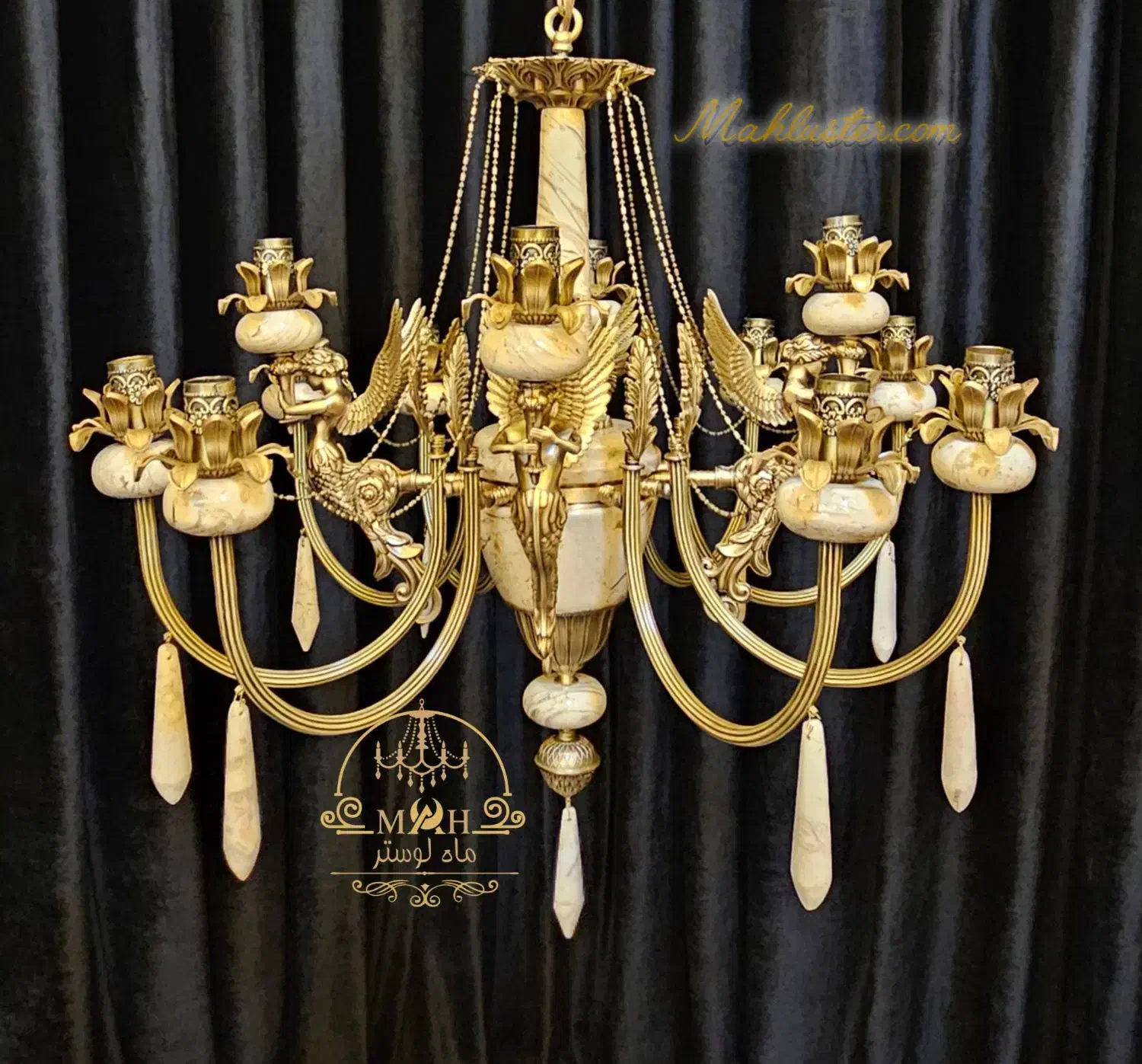 لوستر کلاسیک 12 شاخه فرشته برنج و سنگ|لوستر و چراغ آویز|تهران, کیانشهر|دیوار