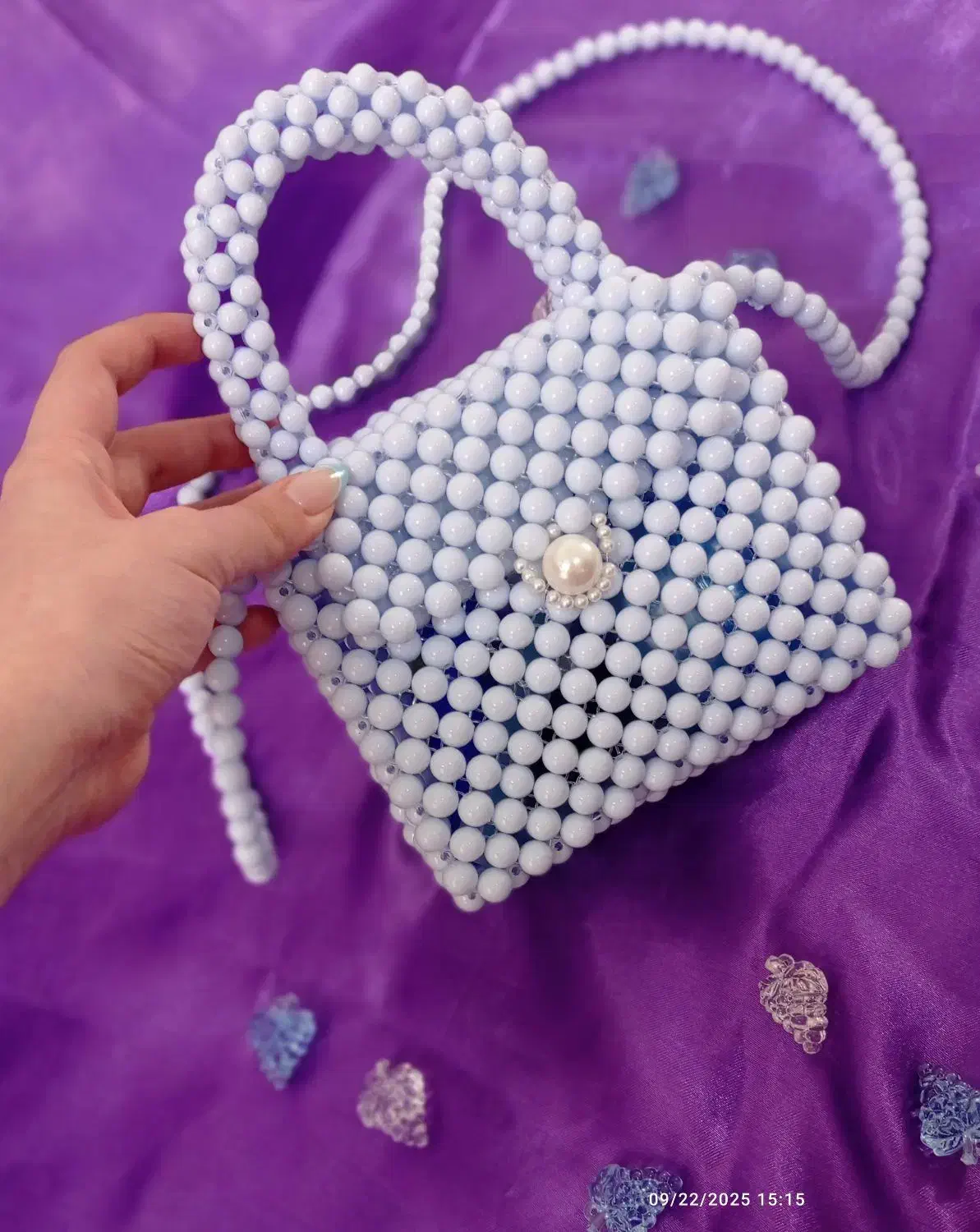 مینی بگ مرواریدی آبی پاستیلی دست ساز|کیف، کفش، کمربند|کنگاور, |دیوار