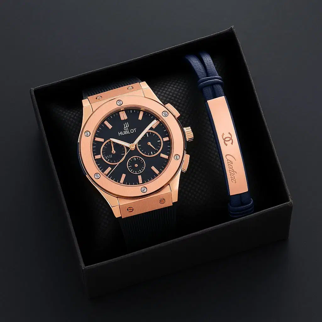 پکیج دستبند پلاک دار+ساعت مچی Hublot طلایی مدل C70|ساعت|آبیک, |دیوار