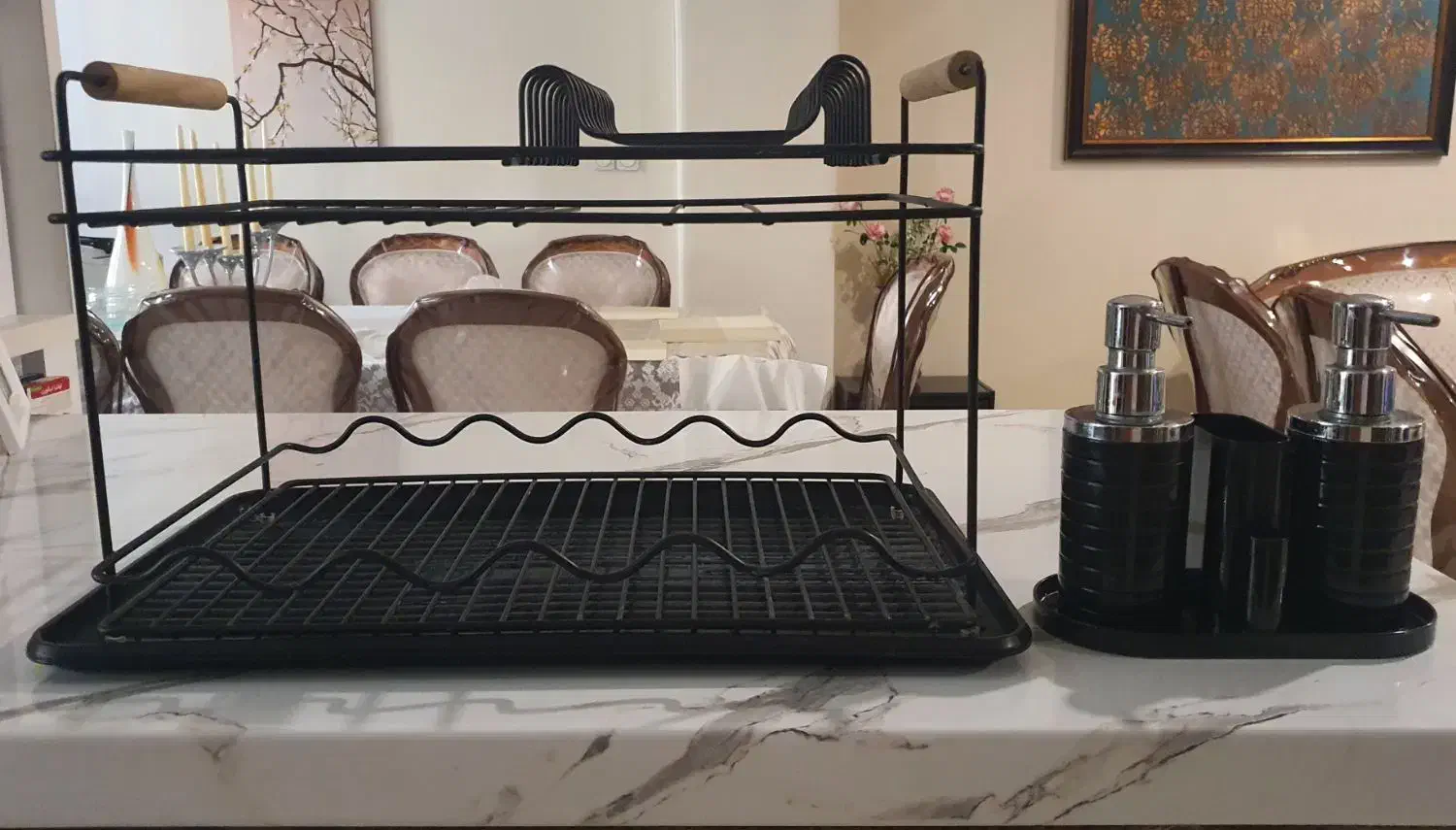 آبچکان مشکی فلزی همراه با ظرف مایع دوقلو|آب‌چکان و نظم‌دهنده ظروف|تهران, بلوار کشاورز|دیوار