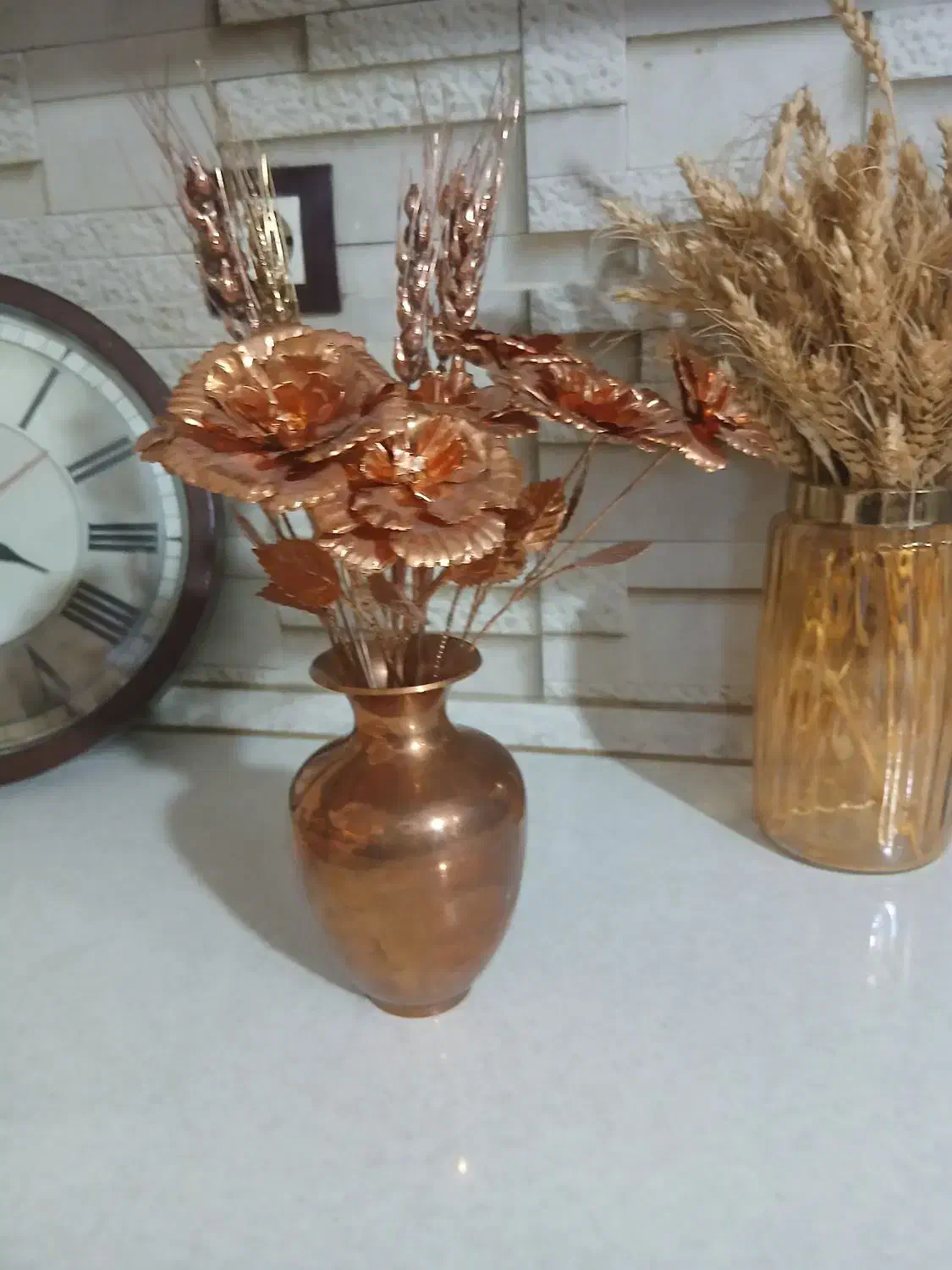 گلدان با گل جنس مس|صنایع دستی و سایر لوازم تزئینی|مشهد, چهارچشمه|دیوار