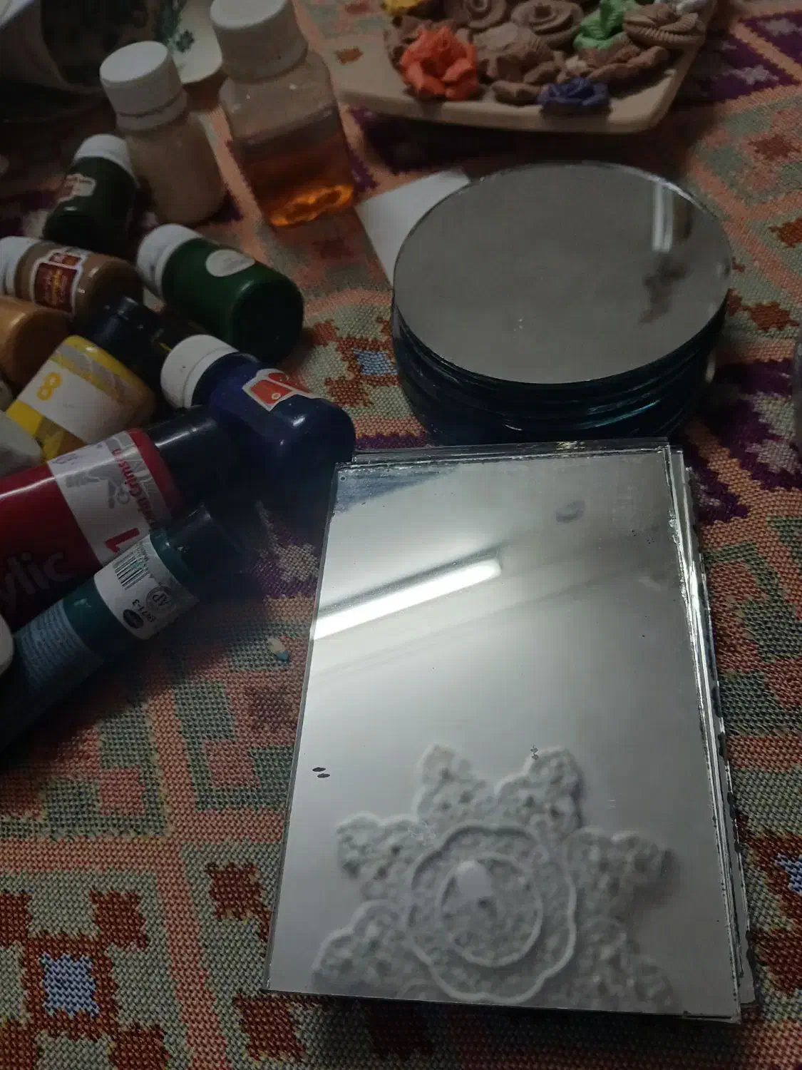 سفال خام رنگ اکرولیک و ترانسفر و آینه|صنایع دستی و سایر لوازم تزئینی|قم, شاه ابراهیم|دیوار