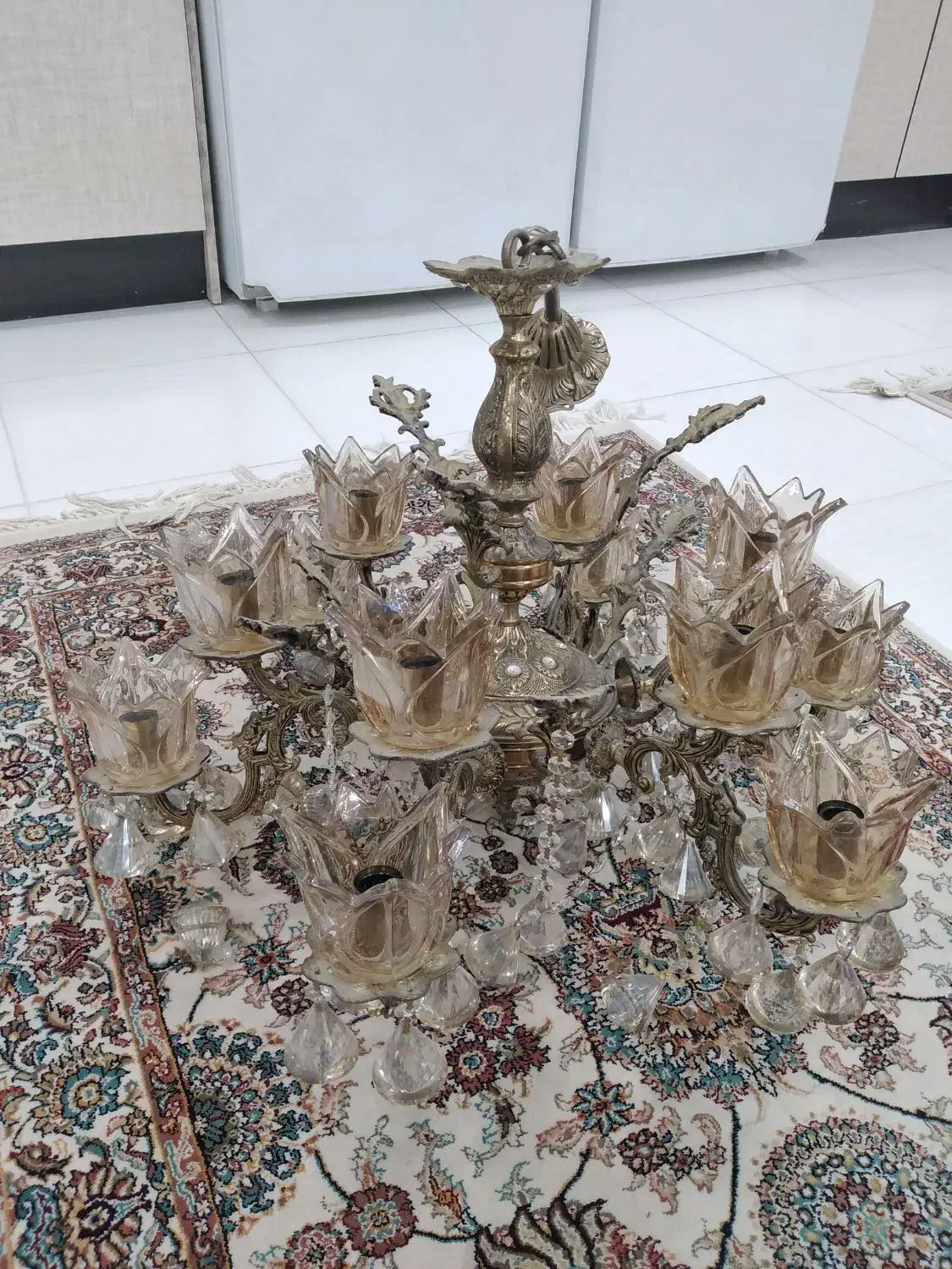 لوستر طلایی از جنس برنز|لوستر و چراغ آویز|اردبیل, |دیوار