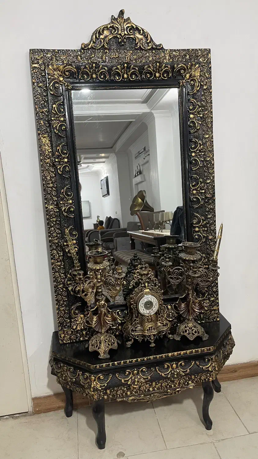 ست کامل کنسول، آینه و شمعدان و ساعت در حد نو|بوفه، ویترین، کنسول|بابل, |دیوار