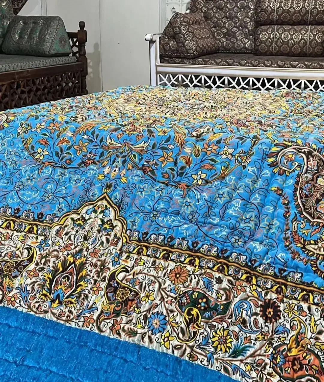 لحاف کرسی دست دوز مدل سبحان فیروزه‌ای با لوازمات|رختخواب، بالش، پتو|تهران, یافت آباد جنوبی|دیوار
