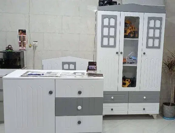 تخت و کمد دومنظوره نوزاد و نوجوان با تشک فنری نو|تخت و سرویس خواب|ری, شهادت|دیوار